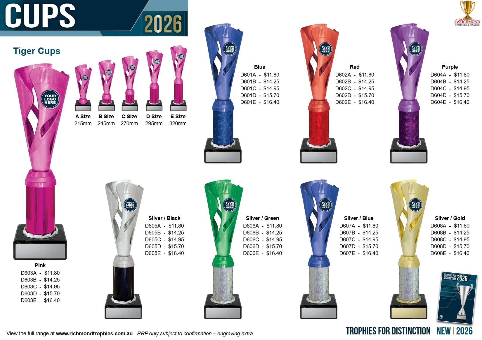 Cups 2026 flyer: Tiger Cups in five sizes and many colours