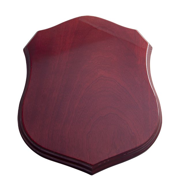 Dark red timber shield plaque