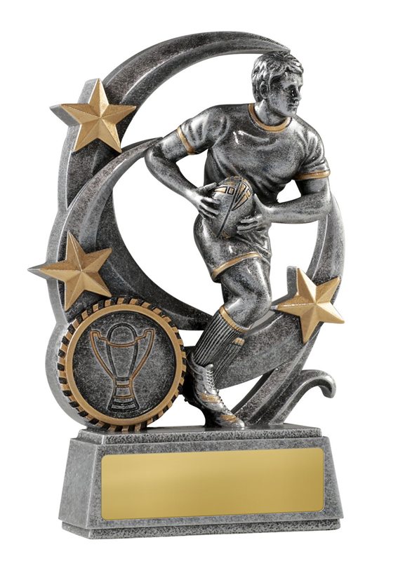 Silver resin rugby trophy with gold stars