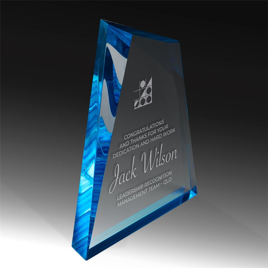 Blue edged acrylic award with engraved text