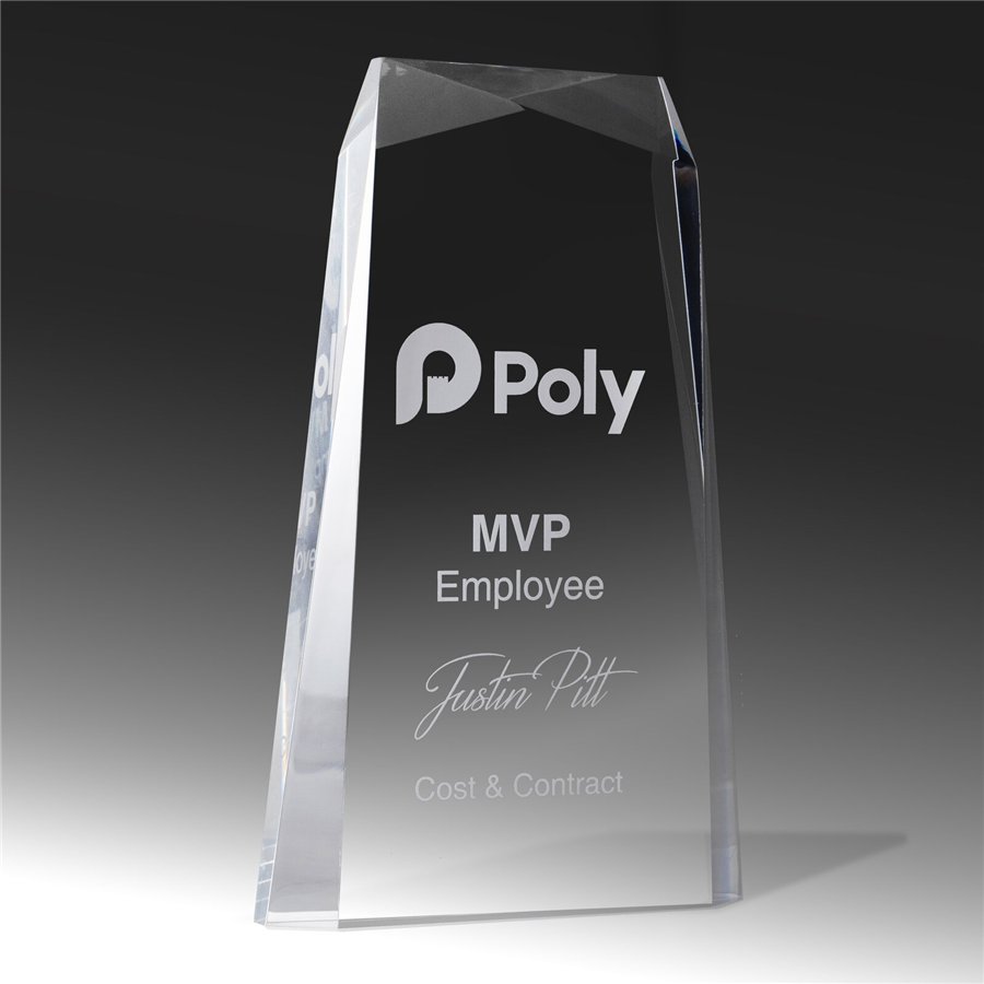 Faceted crystal corporate award with engraved logo and name