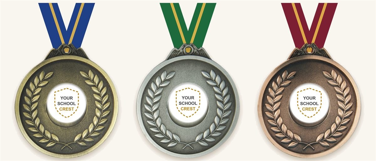 Gold, silver and bronze medals with a placeholder for your school crest and coloured ribbons