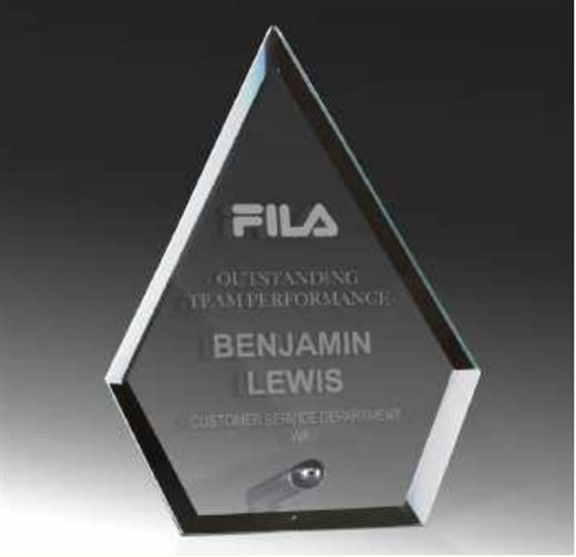Bevelled clear glass arrow award, engraved
